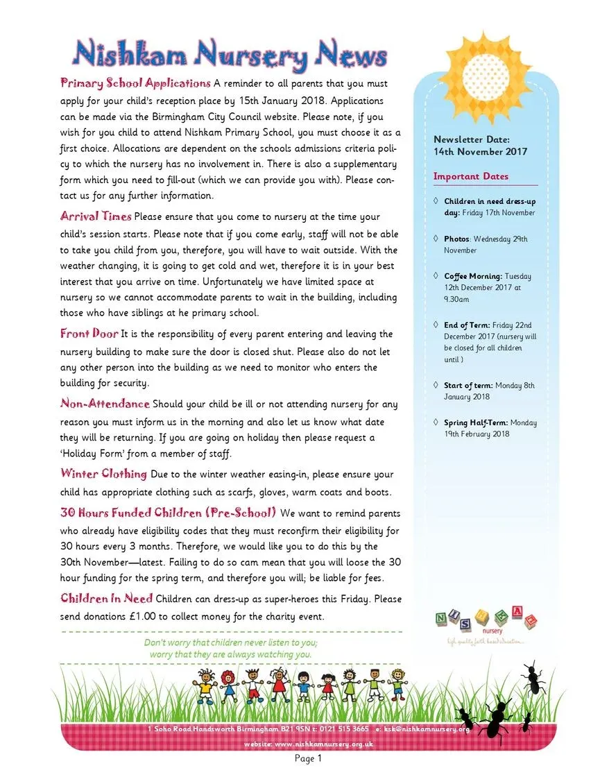 Nishkam Nursery Newsletter - November 2017