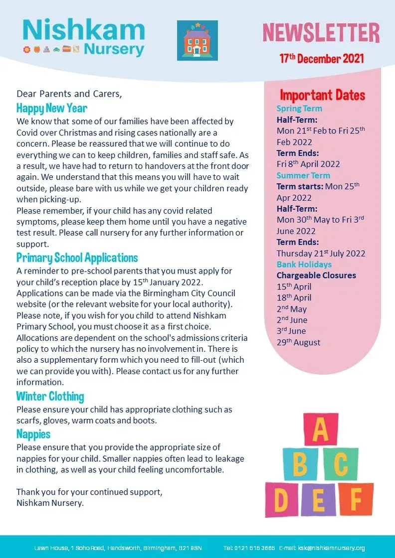 Nishkam Nursery Newsletter - January 2022
