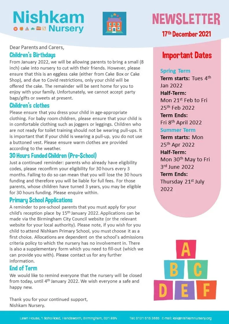 Nishkam Nursery Newsletter - December 2021