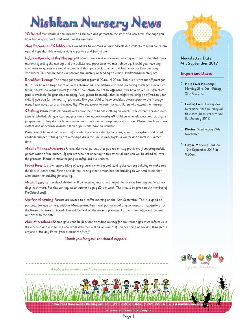 Nishkam Nursery Newsletter - September 2017