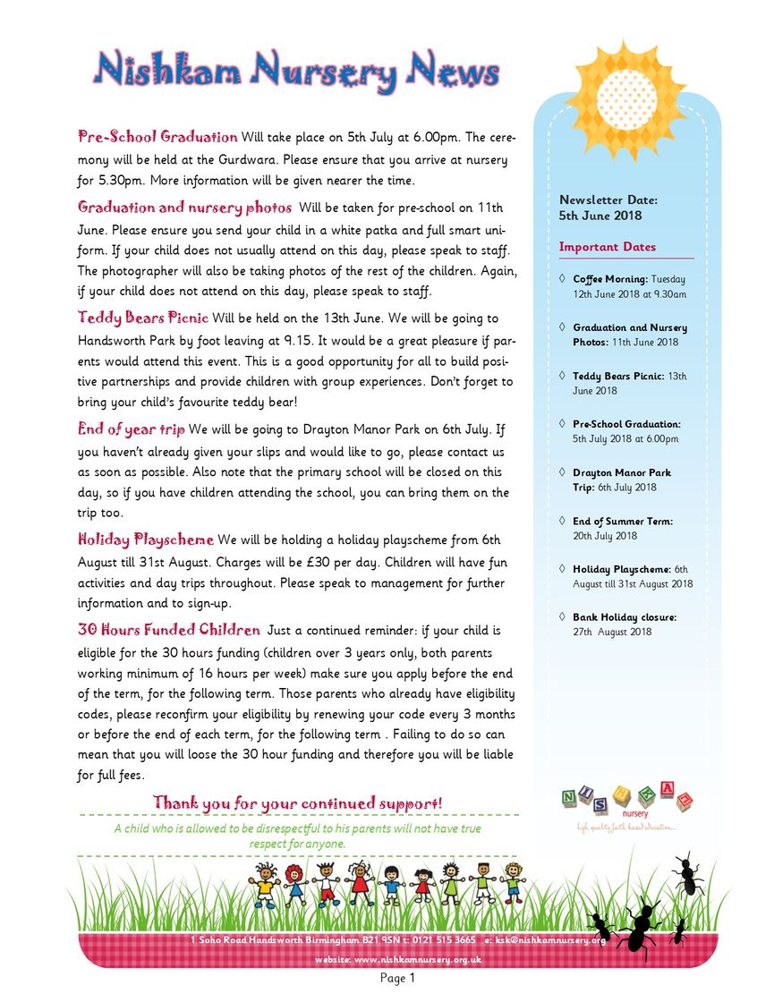 Nishkam Nursery Newsletter - June 2018