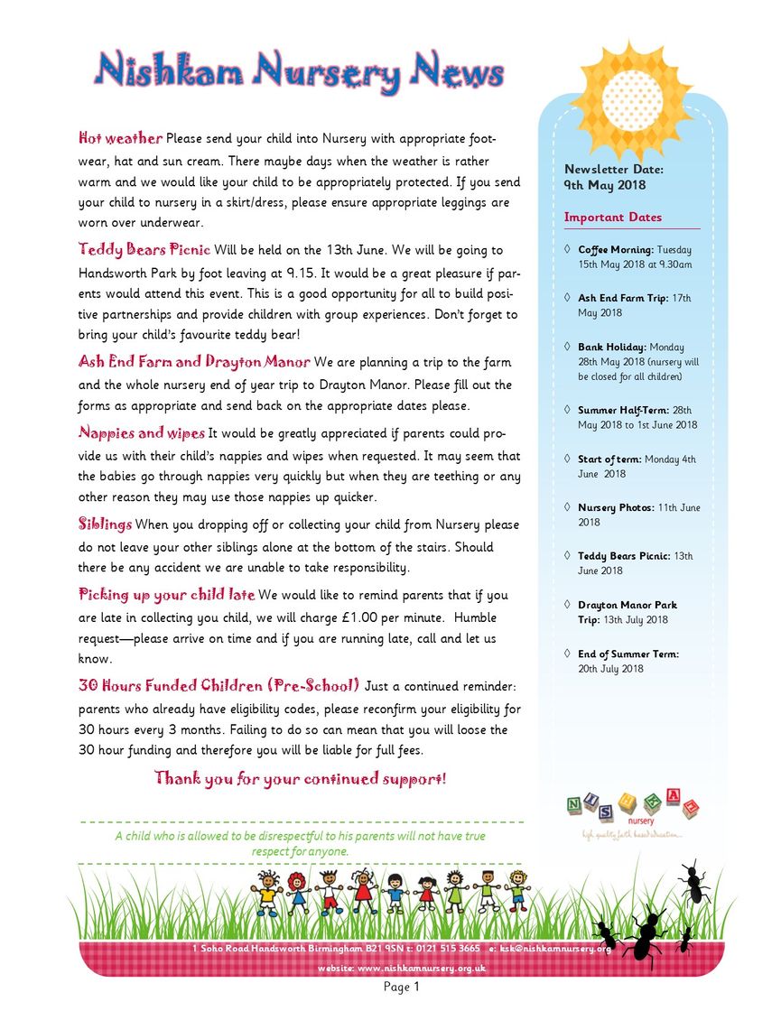 Nishkam Nursery Newsletter - May 2018