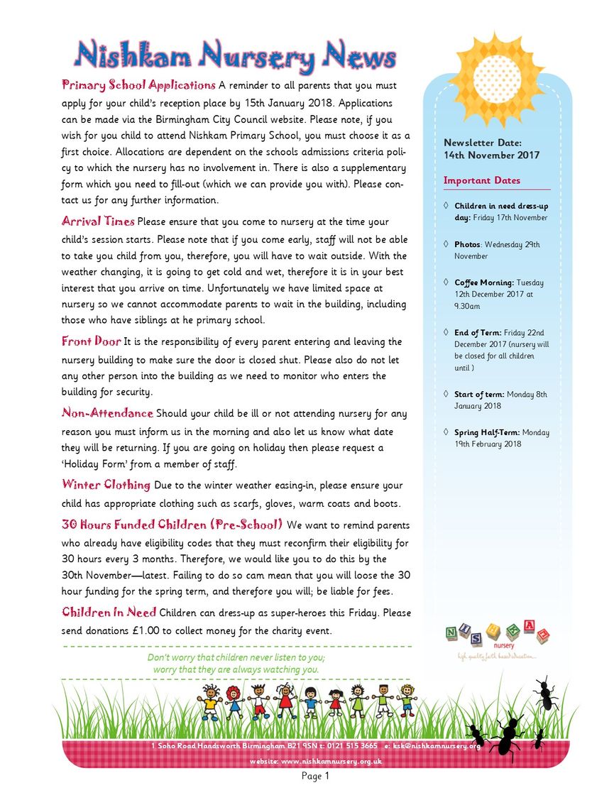 Nishkam Nursery Newsletter - November 2017