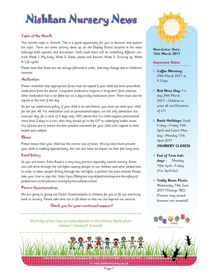 Nishkam Nursery Newsletter - March 2017