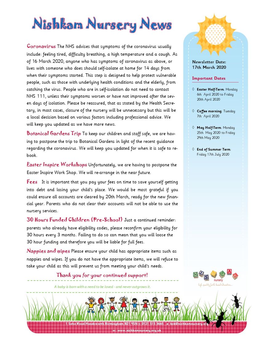 Nishkam Nursery Newsletter - March 2020