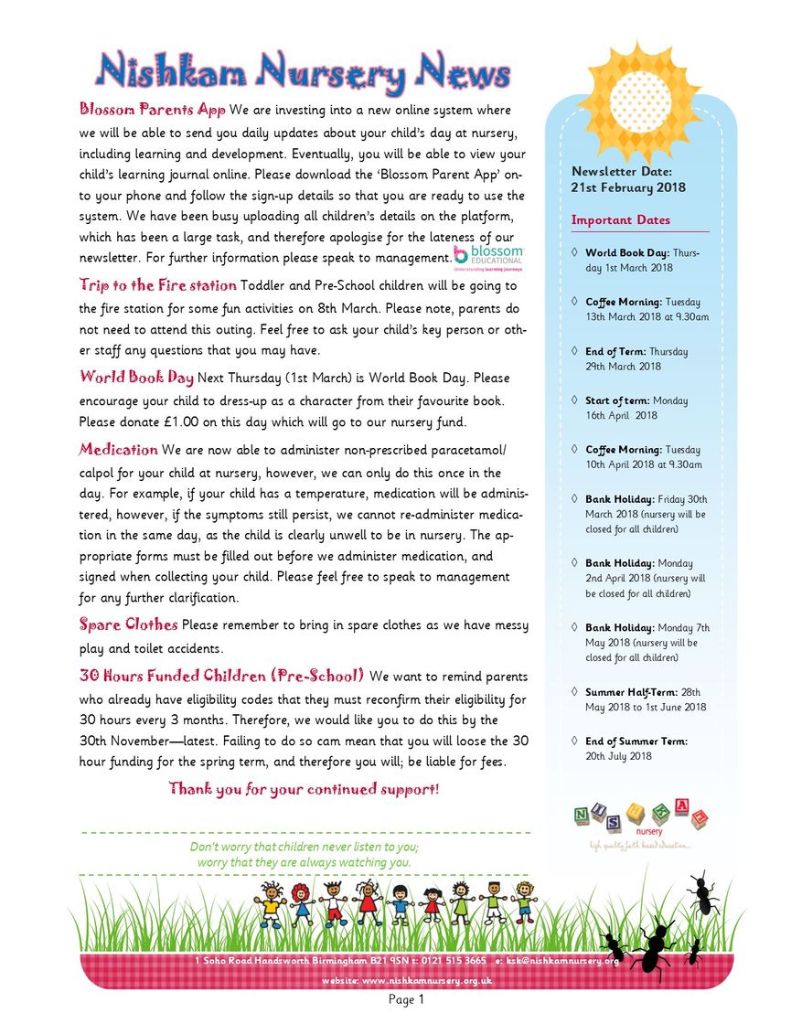 Nishkam Nursery Newsletter - February 2018
