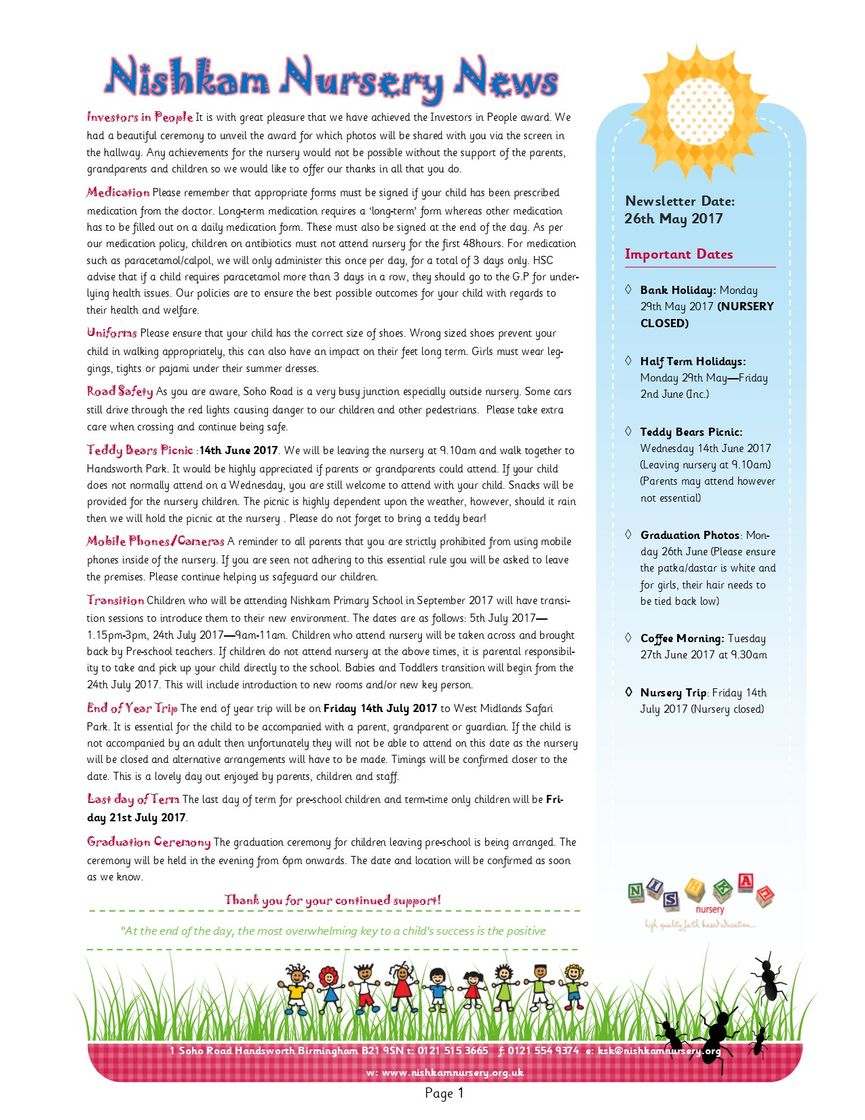 Nishkam Nursery Newsletter - May 2017