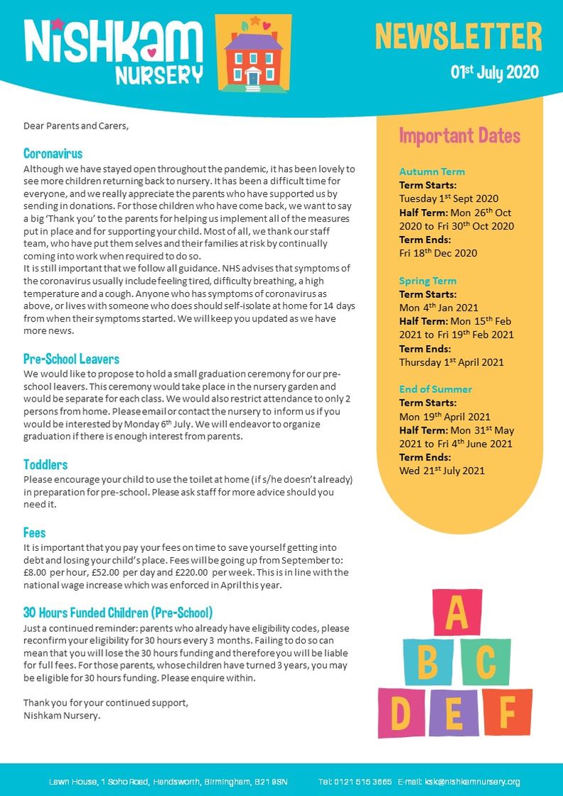 Nishkam Nursery Newsletter - July 2020