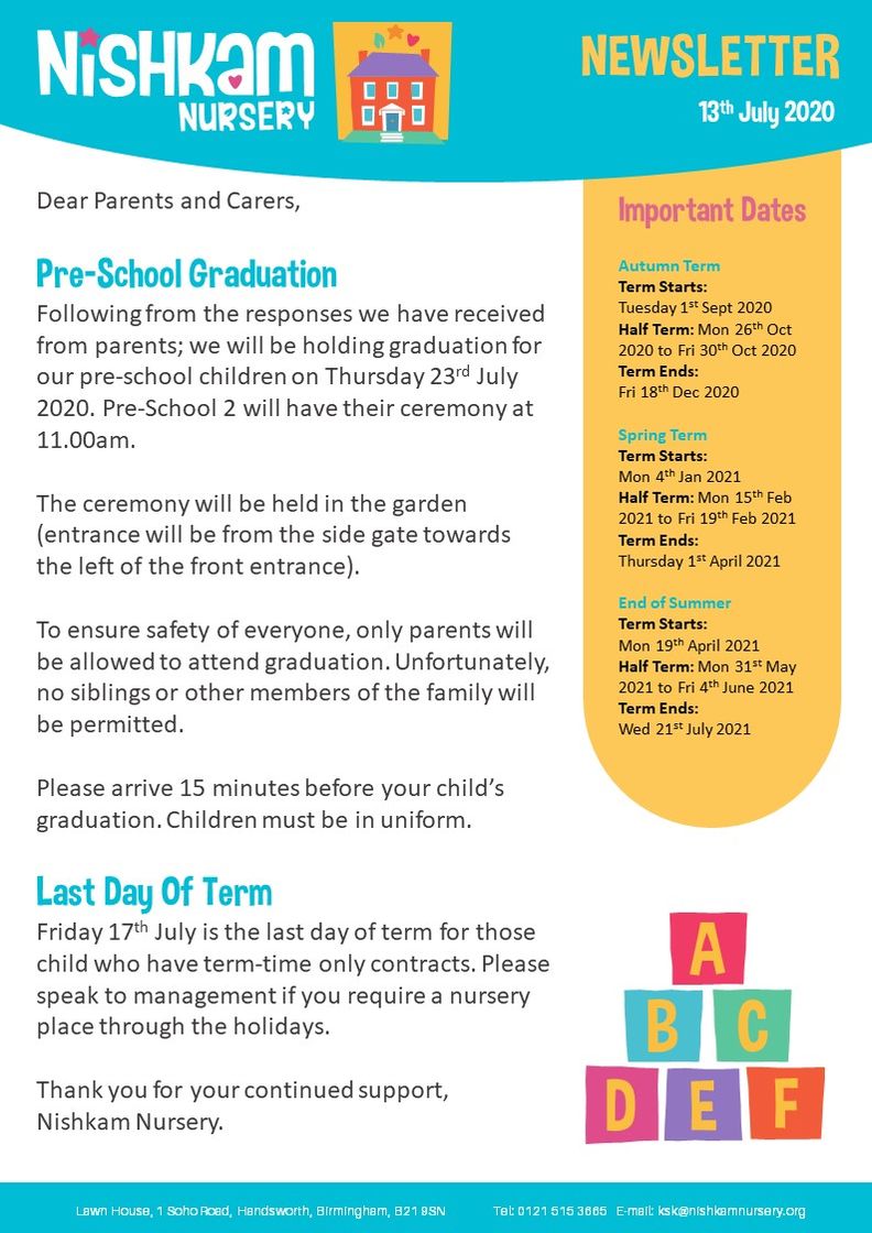 Nishkam Nursery Newsletter - July 2020