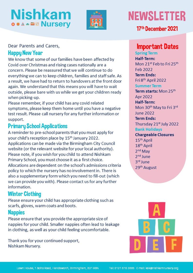 Nishkam Nursery Newsletter - January 2022