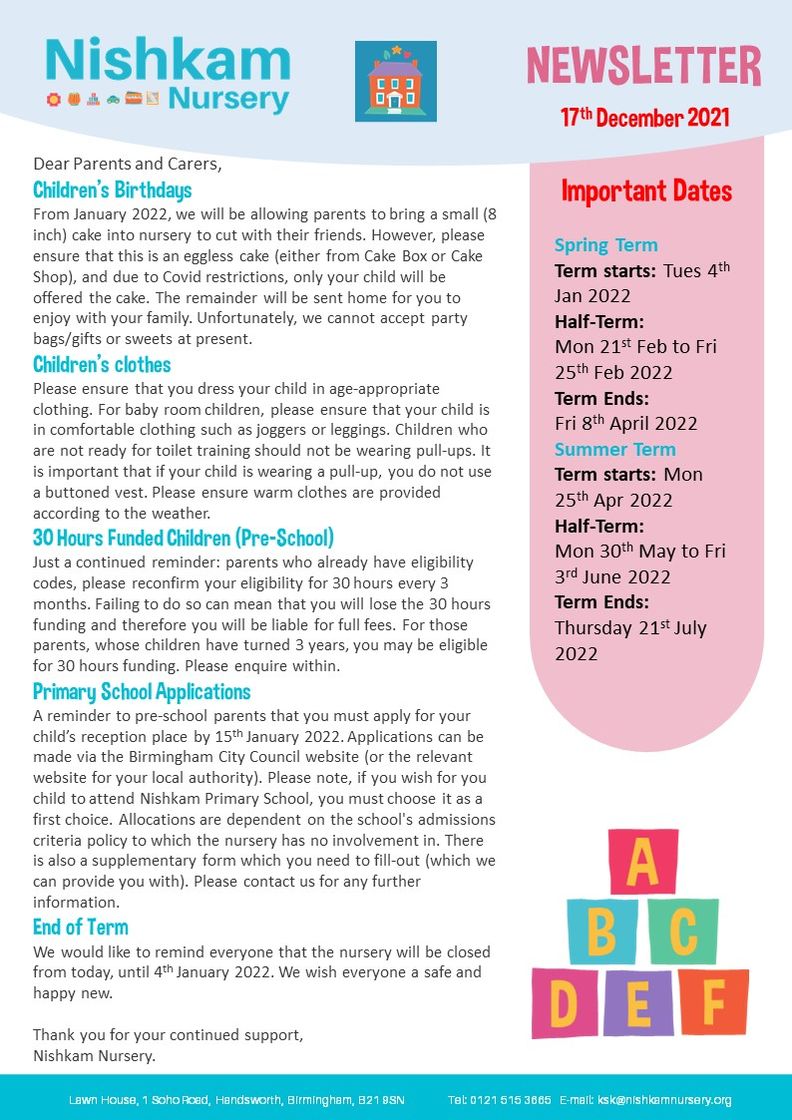 Nishkam Nursery Newsletter - December 2021