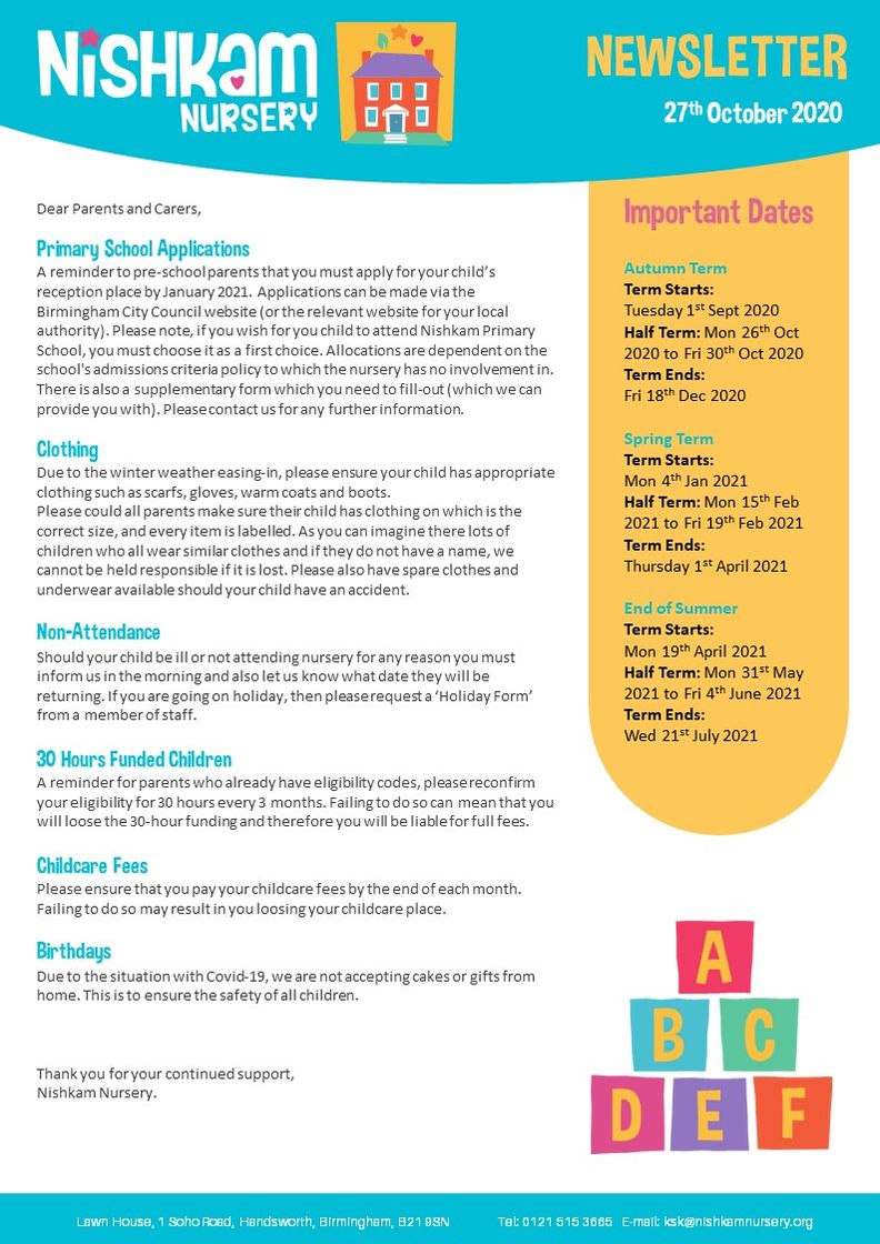 Nishkam Nursery Newsletter - October 2020